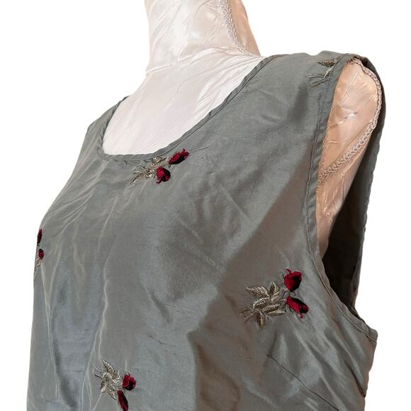 Vintage Sage Red Rose Embroidery Silk Shirt Womens Sz Medium Fall Fairy Feminine - Picture 8 of 16